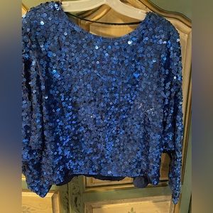 Gorgeous blue sequin, backless top by Cathy Hardwick, medium, 100% silk lined